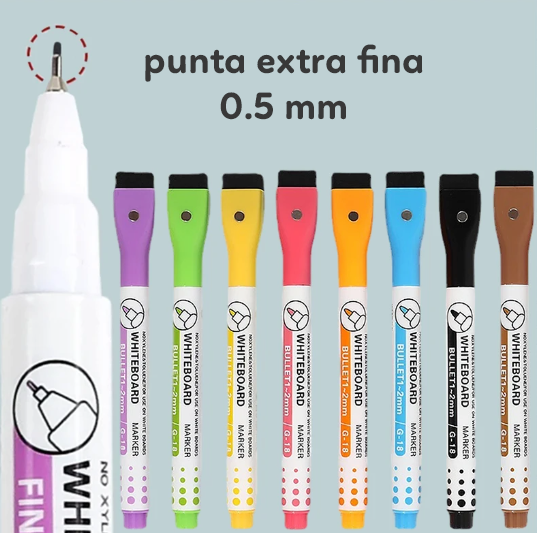 Paquete con 8 marcadores de PUNTA EXTRAFINA para planners blancos o transparentes (Dry Marker)