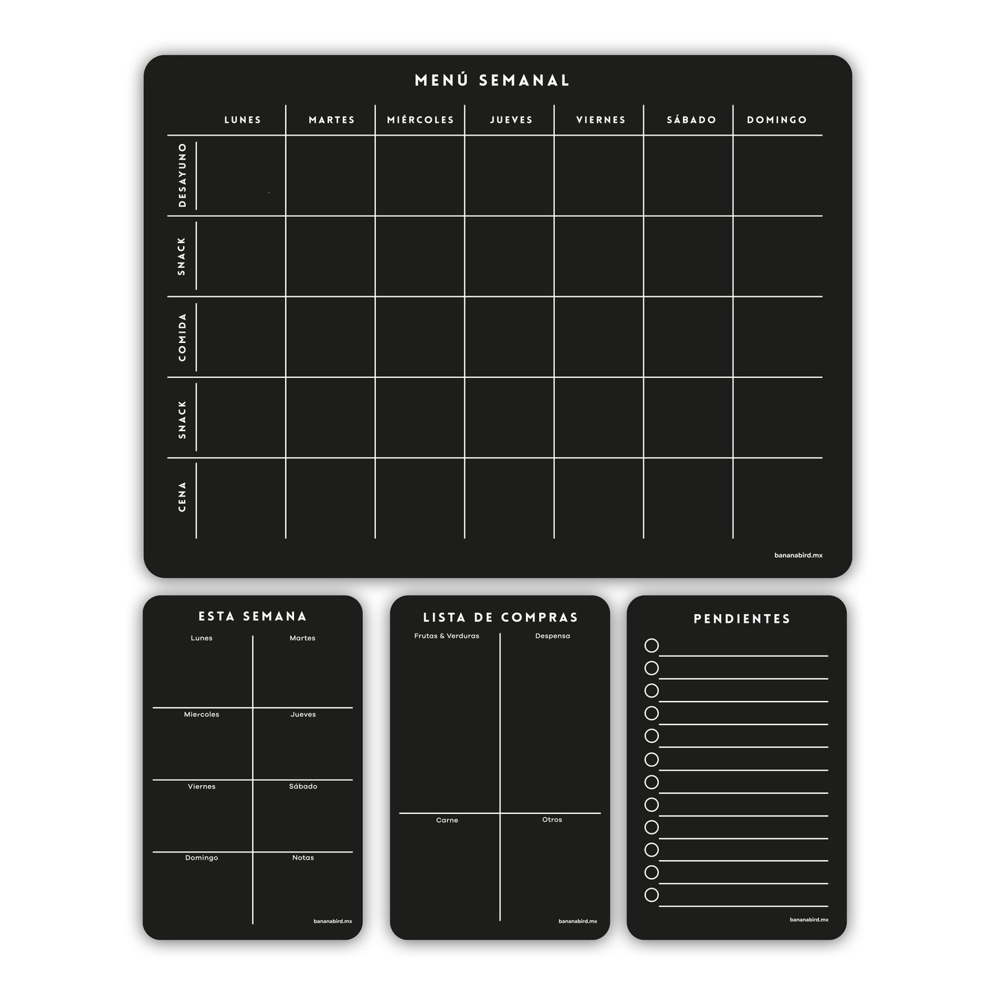 Kit de 4 planners magnéticos negros "Menú Semanal + 3 planners pocket"