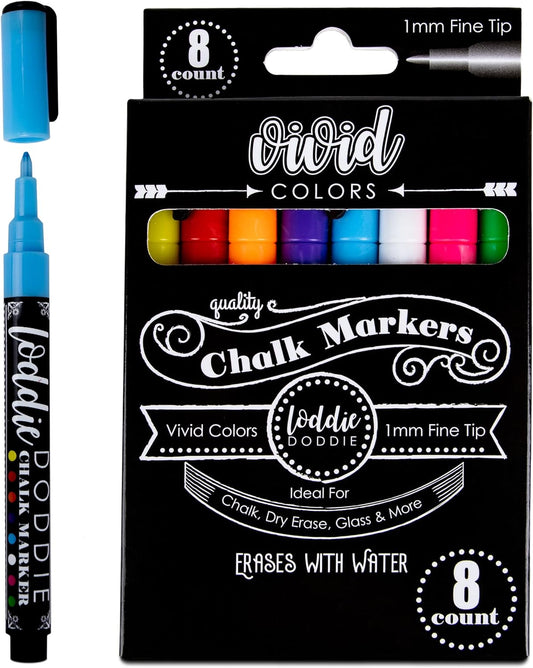 Caja con 8 marcadores PUNTA FINA NEÓN de tiza líquida (Chalk Marker) marca Loddie Doddie
